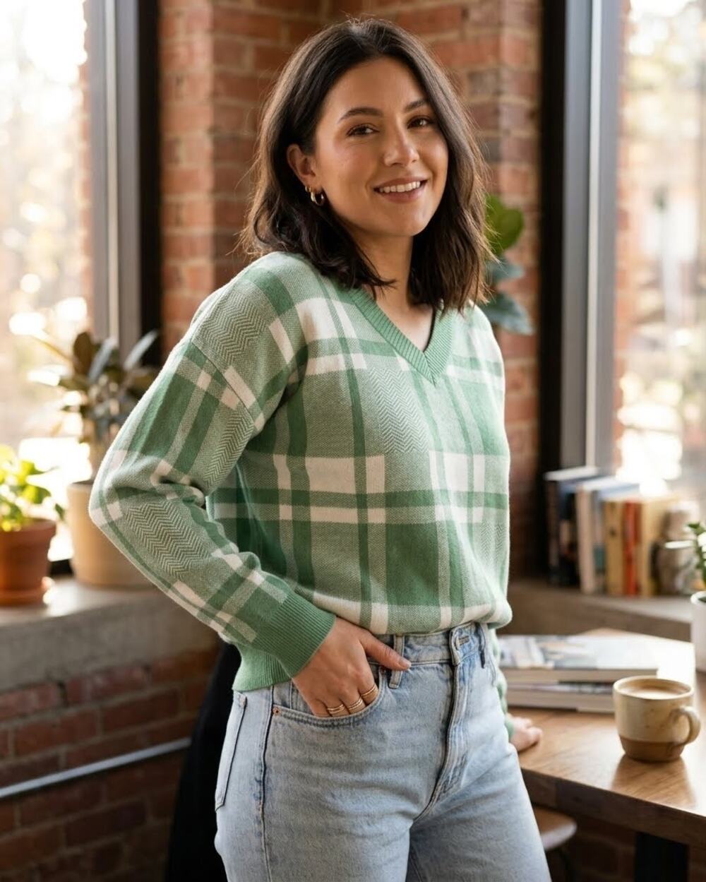 Christian Siriano NY Sage Green Ivory Plaid V-Neck Pullover Knit Sweater Small